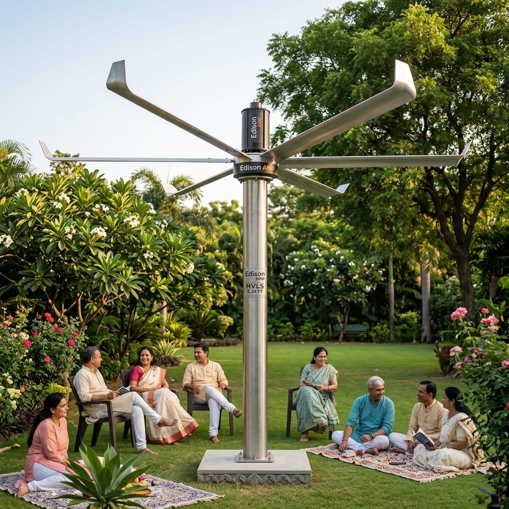 Edison AMP Pole-Mounted HVLS Fan in Garden